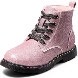 🆕Girls Ankle Boots Pink Glitter Combat Bootie Zipper Lace Up Winter Dress Boot